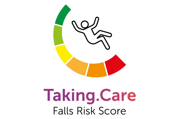 Taking.Care Falls Risk Score_logo graphic of person falling with red, amber and green dial