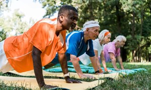 A older group of people doing yoga in the park